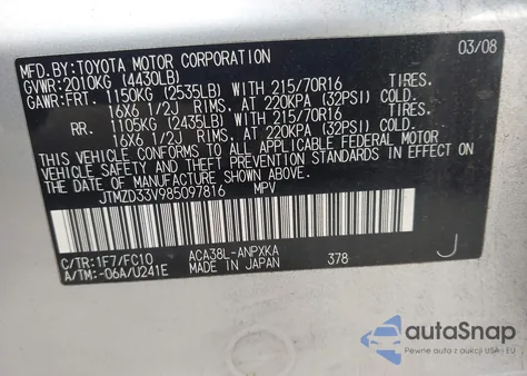 2008 Toyota Rav4 from USA, damaged, VIN JTMZD33V985097816